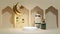 3d render scene for Ramadan Kareem product podium background. Arabic pedestal with moon, star, latern and mosque. Gold