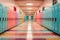 3D render of a school corridor with lockers in bright colors, A colorful school hallway with lockers captured at dawn before