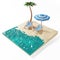 3D Render of sea beach with chairs and umbrella