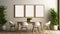 3D render set of 4 empty blank picture frames on warm beige wall with wooden dining table with contemporary vintage chairs and