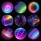 3d render, set of assorted round stickers with colorful neon designs. Circles isolated on black background