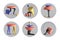 3d render, set of assorted round stickers with surreal geometric shapes with human legs, modern minimal icons for social account
