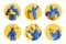 3d render, set of assorted yellow round stickers with blue hairy yeti monster, funny icons for social account design. Abstract