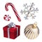 3d render, set of Christmas ornaments: striped glass ball, caramel candy cane, crystal snowflake, wrapped red gift box. Holiday