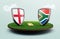 3d render of shields featuring the flags of South Africa and England over a baseball field