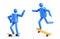 3d render, simple human shape, abstract person symbol riding yellow skateboard. Geometric blue man icon, clip art isolated on
