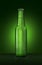 3D render. Single green beer bottle without brand designation. Full glass bottle covered with water drops against green