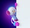 3d render, snowman, christmas cartoon character, wearing furry headphones, holding blank banner, neon lights, greeting card