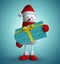 3d render, snowman holds blue wrapped gift box with yellow ribbon, Christmas holiday clip art isolated on blue background