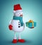 3d render, snowman holds small wrapped gift box with yellow ribbon, Christmas holiday clip art isolated on blue background