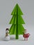 3d render, snowman and Santa Claus, toys, green paper fir tree,