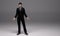 3D render : a standing man pose in black business suit with upset look