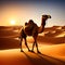 3d render style, A camel walks, amidst the evening desert.