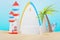 3d render Summer sale podium stand for showing product. Beach Vacations Scene in Summer for mock up