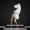 3d render, surreal concept, chess game piece, white knight, horse with golden slim legs, classic checkered floor, abstract modern.