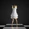 3d render, surreal concept, chess game piece, white rook standing, object with golden slim model legs, classic checkered floor