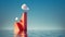 3d render, Surreal seascape. White clouds in the blue sky above the high red stairs. Modern minimal abstract background with