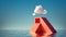 3d render, Surreal seascape. White clouds in the blue sky above the red pyramid with steps. Modern minimal abstract background