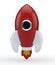 3D render of a symbolic rocket colored in red with flames