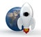 3D render of a symbolic white rocket with flames