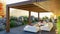 3d render of teak wood garden pergola on a private deck