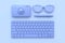 3d render technology concept keyboard camera pen glasses purple-violet all object abstract scene