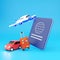 3d render travel. 3d render luggace suitcase and car. 3d render passport with airplane illustration