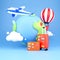 3d render travel and tourism. 3d render hot air balloon with plane. 3d render luggage suitcases