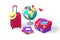 3d render traveler set of suitcase with luggage and globe.