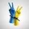 3d render, ukrainian blue yellow human hands tied with plastic zip ties, isolated on white background. Victory gesture. Fight for