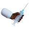 3d render. Vaccination icon. African doctor cartoon hand holds big syringe with vaccine against virus. Healthcare illustration.