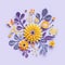 3d render, violet yellow craft paper flowers, botanical background, floral arrangement, festive bouquet, isolated clip art