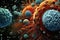 3d render of virus in abstract background. Virus cells close up, Witness the immune system\\\'s fight against pathogens