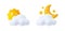 3d render weather icons , sun, crescent, clouds