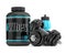 3d render of whey proteins with dumbbells and water bottle