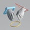 3d render white abstract artificial hands with levitating colorful geometric shapes. Human mannequin body part isolated on plain