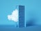 3d render, white fluffy cloud going through, flying out the open door, objects isolated on blue background. Modern minimal concept