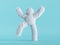 3d render, white hairy yeti dances with hands up, furry bigfoot cartoon character, scary monster isolated on mint blue background.