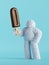 3d render, white hairy yeti, furry bigfoot toy holds chocolate eskimo ice-cream. Food clip art isolated on light blue background.