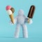 3d render, white hairy yeti, furry bigfoot toy holds two ice-cream. Choice concept. Clip art isolated on light blue background.