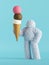 3d render, white hairy yeti holds assorted ice-cream balls in waffle horn, furry bigfoot toy. Food clip art isolated on light blue