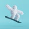 3d render, white hairy yeti jumps on snowboard. Winter sports concept. Furry bigfoot cartoon character, scary monster isolated