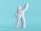 3d render, white hairy yeti stands with hand up, furry bigfoot toy, cartoon character fluffy monster isolated on mint blue.