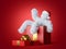 3d render, white hairy yeti wears christmas hat, sits inside the big gift box, bigfoot cartoon character celebrating.