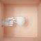 3d render, white objects inside peachy box. Hand holding porcelain cup, isolated on pastel background. Service concept.