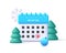 3d render winter blue calendar icon with Christmas trees and ball with snowflake around it, render style illustration