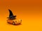 3d render. Witch hat on orange toy car on orange background. Halloween theme