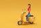 3D Render Woman Riding Motor Scooter Side View on a Yellow Background