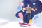 3D render of woman riding skateboard with watching to imaginary universe.