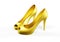 3d render womens fashion shoes, gold color. 3d image. White background